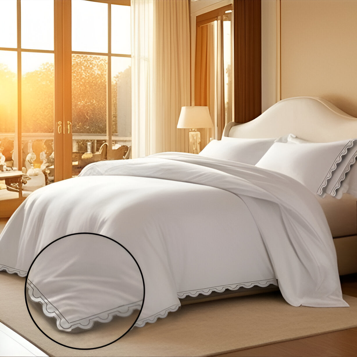 400TC U Shape Scallop Embroidery Cotton Duvet Cover Set