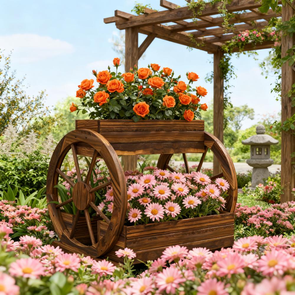 Outdoor Wooden Wagon Planter Box