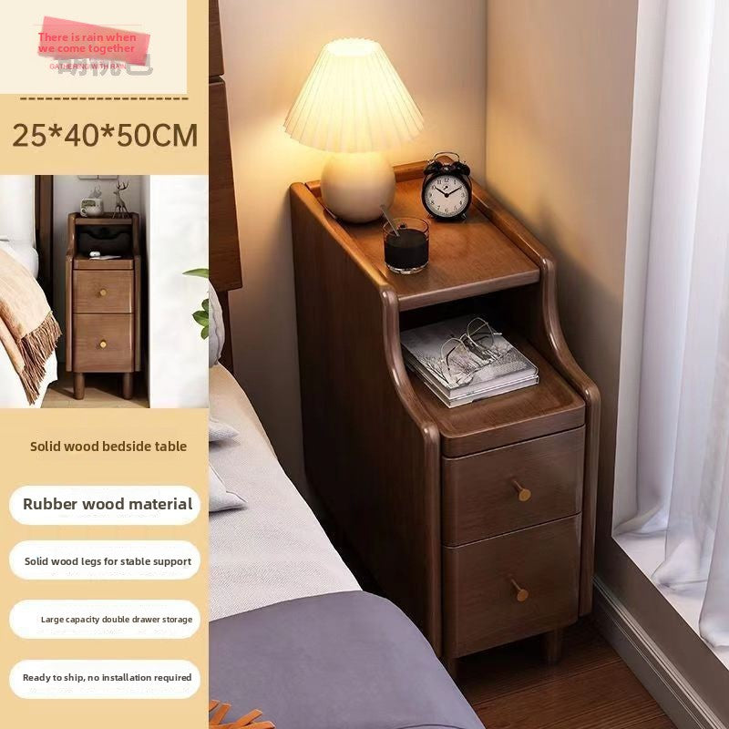 Narrow Solid Wood Bedside Table with Glass Top