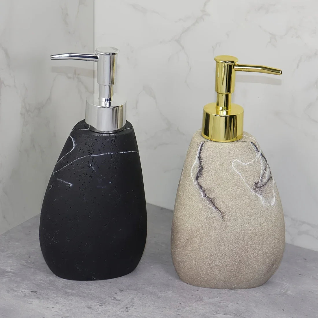 Elegant Marble Texture Resin Soap Dispenser, Manual Pump - Reusable Bathroom Liquid Dispenser Bottle for Hand Soap, Shampoo and Lotion - Slim White Design with