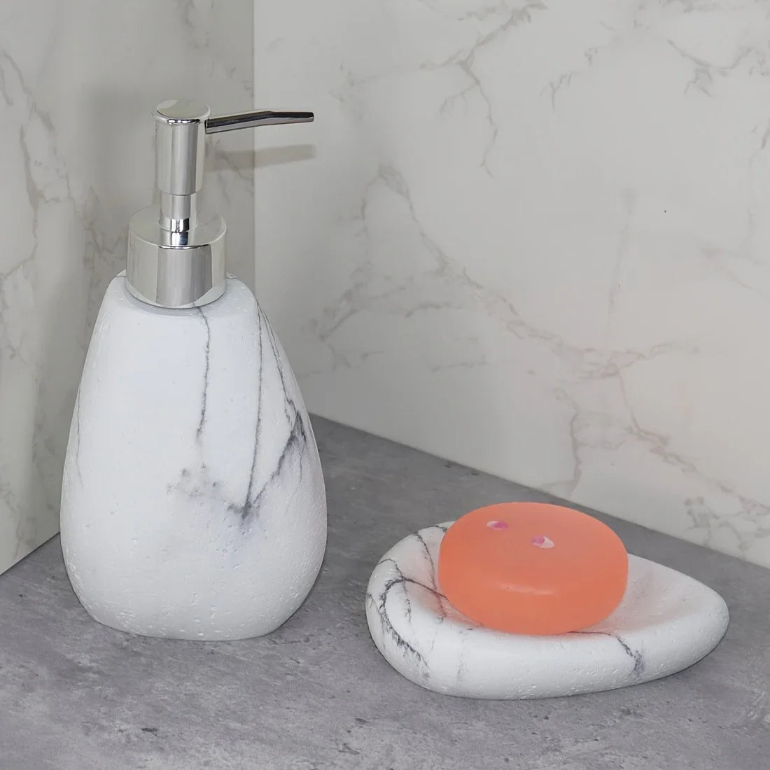 Elegant Marble Texture Resin Soap Dispenser, Manual Pump - Reusable Bathroom Liquid Dispenser Bottle for Hand Soap, Shampoo and Lotion - Slim White Design with