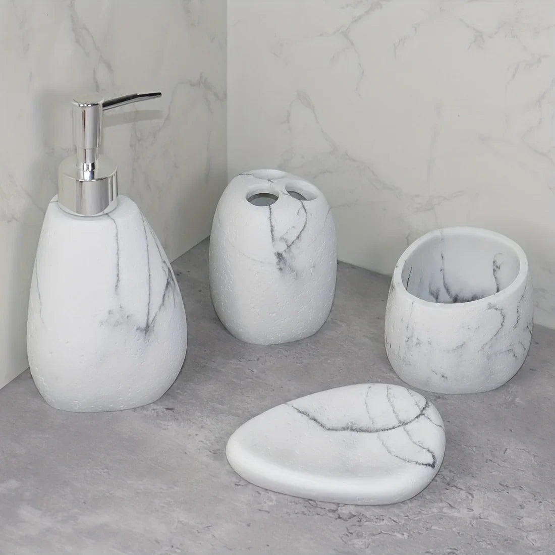Elegant Marble Texture Resin Soap Dispenser, Manual Pump - Reusable Bathroom Liquid Dispenser Bottle for Hand Soap, Shampoo and Lotion - Slim White Design with
