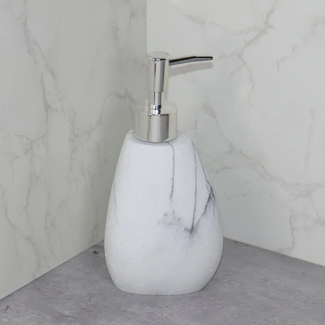 Elegant Marble Texture Resin Soap Dispenser, Manual Pump - Reusable Bathroom Liquid Dispenser Bottle for Hand Soap, Shampoo and Lotion - Slim White Design with