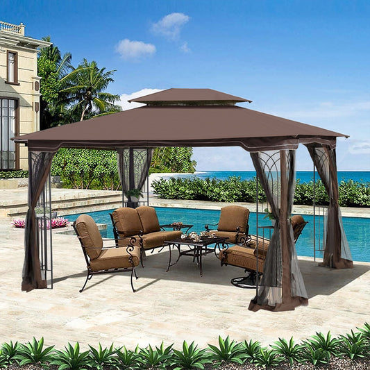 13 0 Outdoor Patio Gazebo Canopy Tent With Ventilated Double Roof And Mosquito Net (Detachable Mesh Screen On All Sides) Suitable For Lawn Garden Backyard And Deck Top - Brown