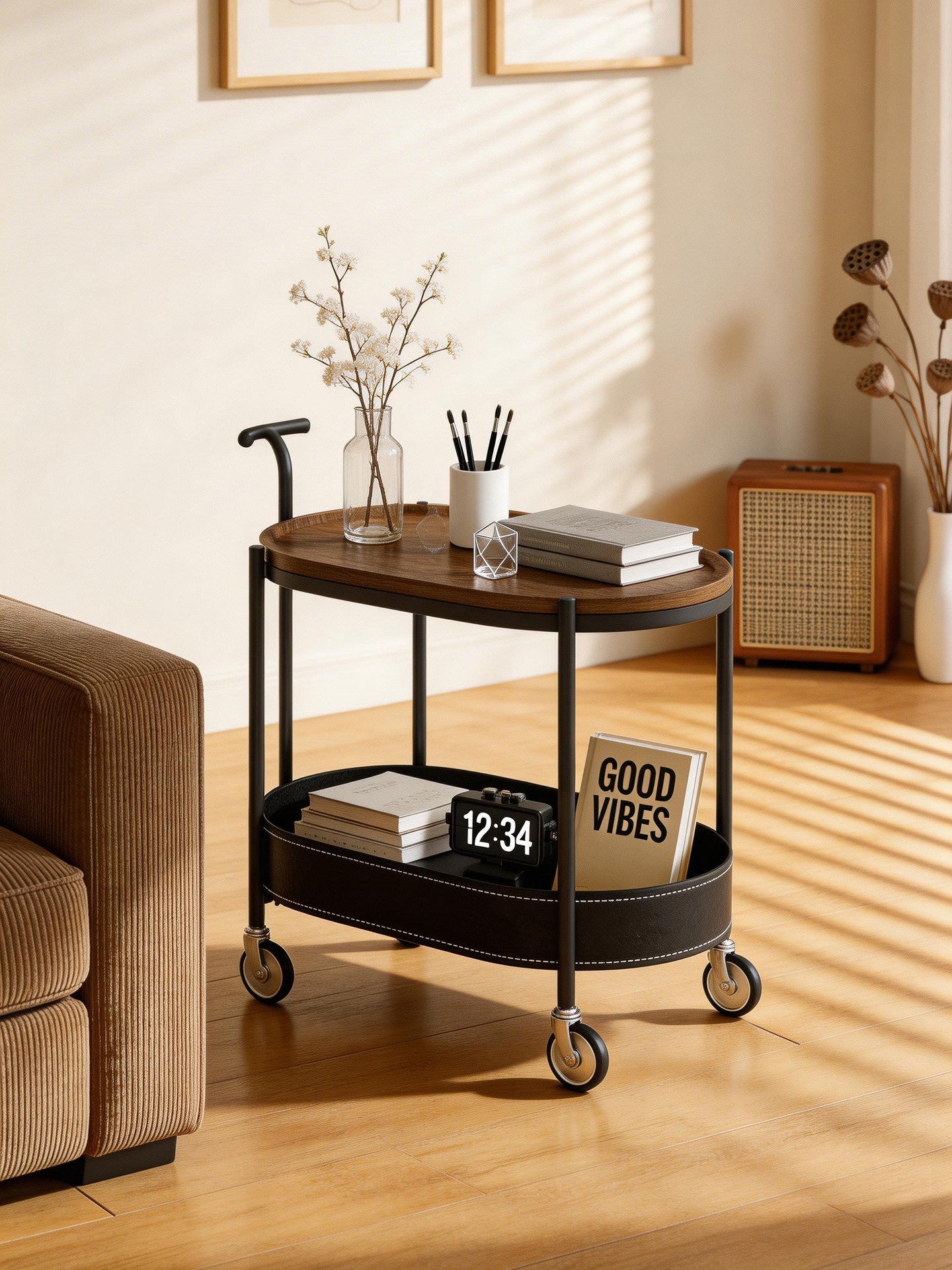 Vintage Movable Sofa Trolley Side Table with Storage