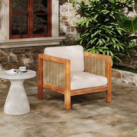 Acacia Wood Outdoor Club Chair with Wicker Armrest