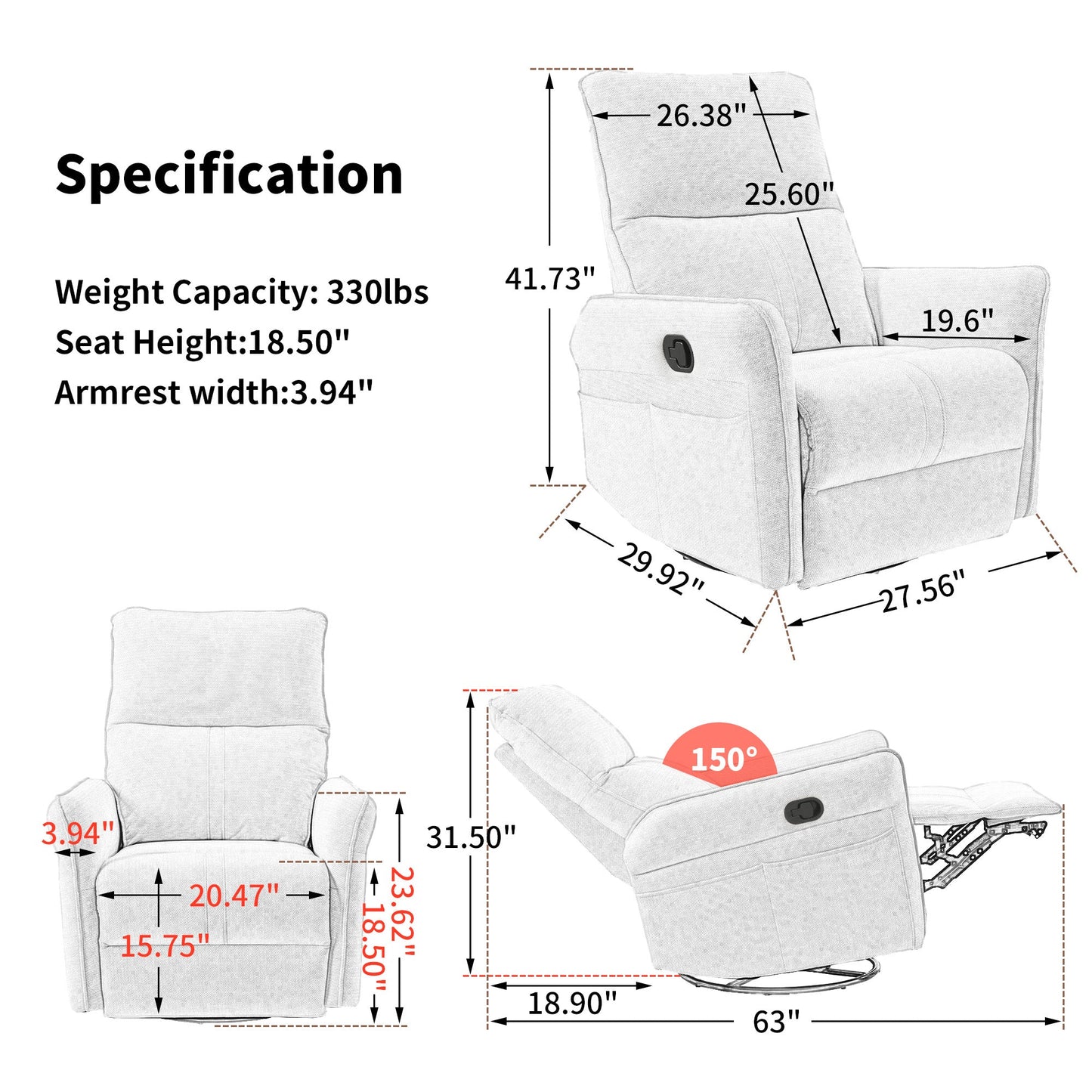 PU Rocking Recliner Chair with 360° Swivel