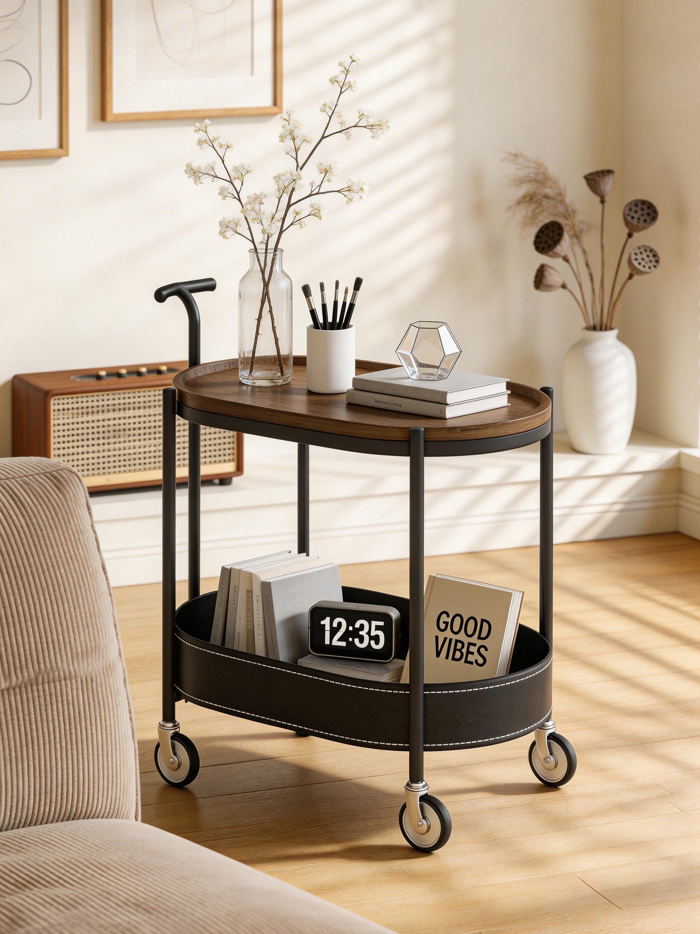 Vintage Movable Sofa Trolley Side Table with Storage