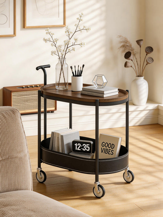 Vintage Movable Sofa Trolley Side Table with Storage
