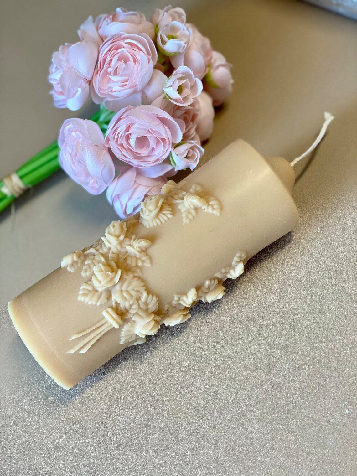 Floral Pillar Candle — Sculptural Soy Wax, Botanical Design, Handmade in USA