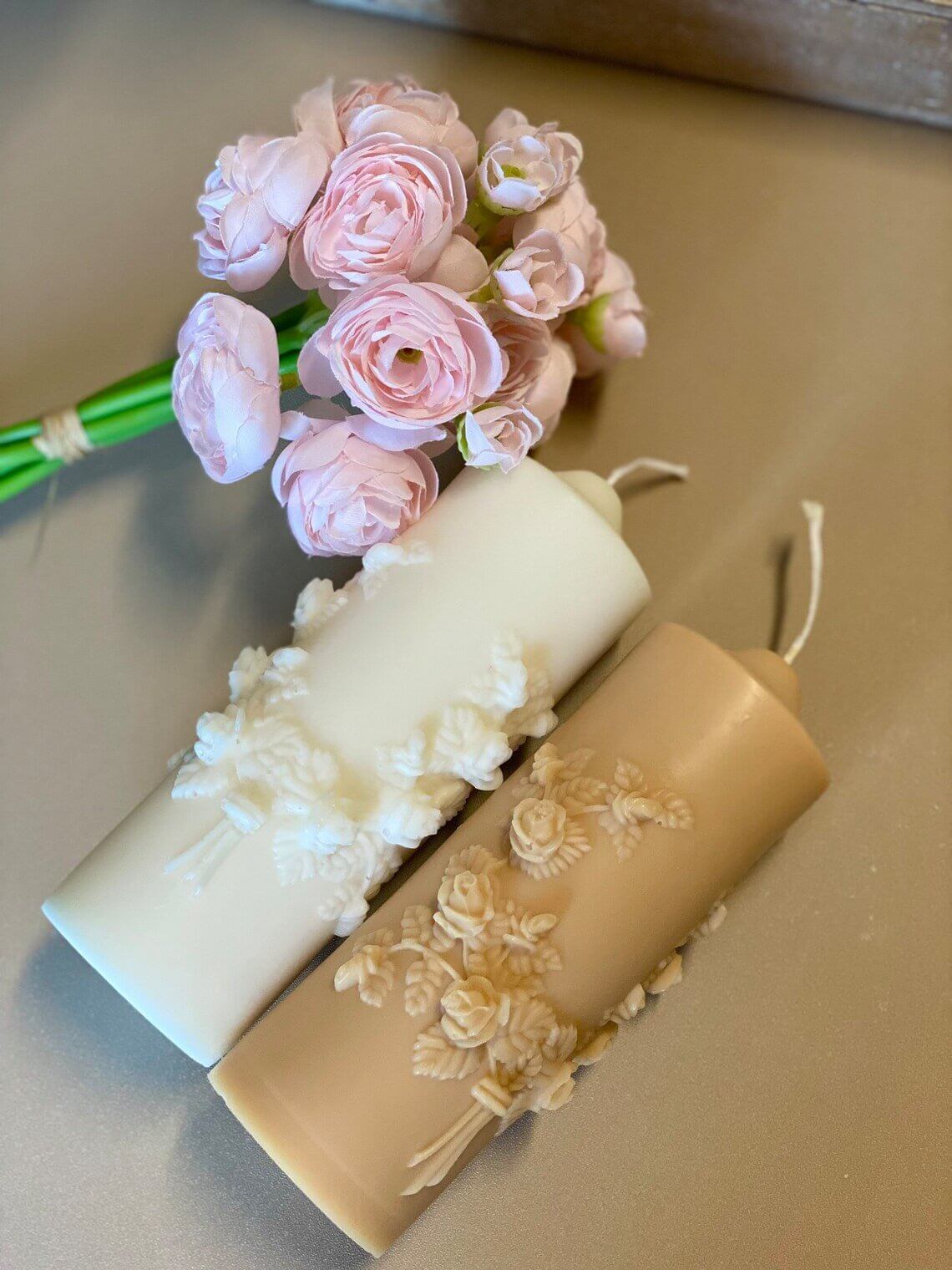 Floral Pillar Candle — Sculptural Soy Wax, Botanical Design, Handmade in USA