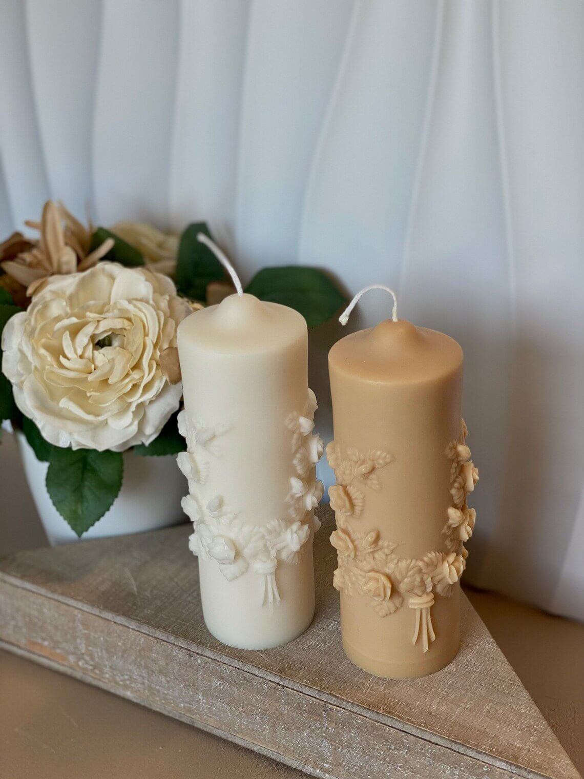 Floral Pillar Candle — Sculptural Soy Wax, Botanical Design, Handmade in USA
