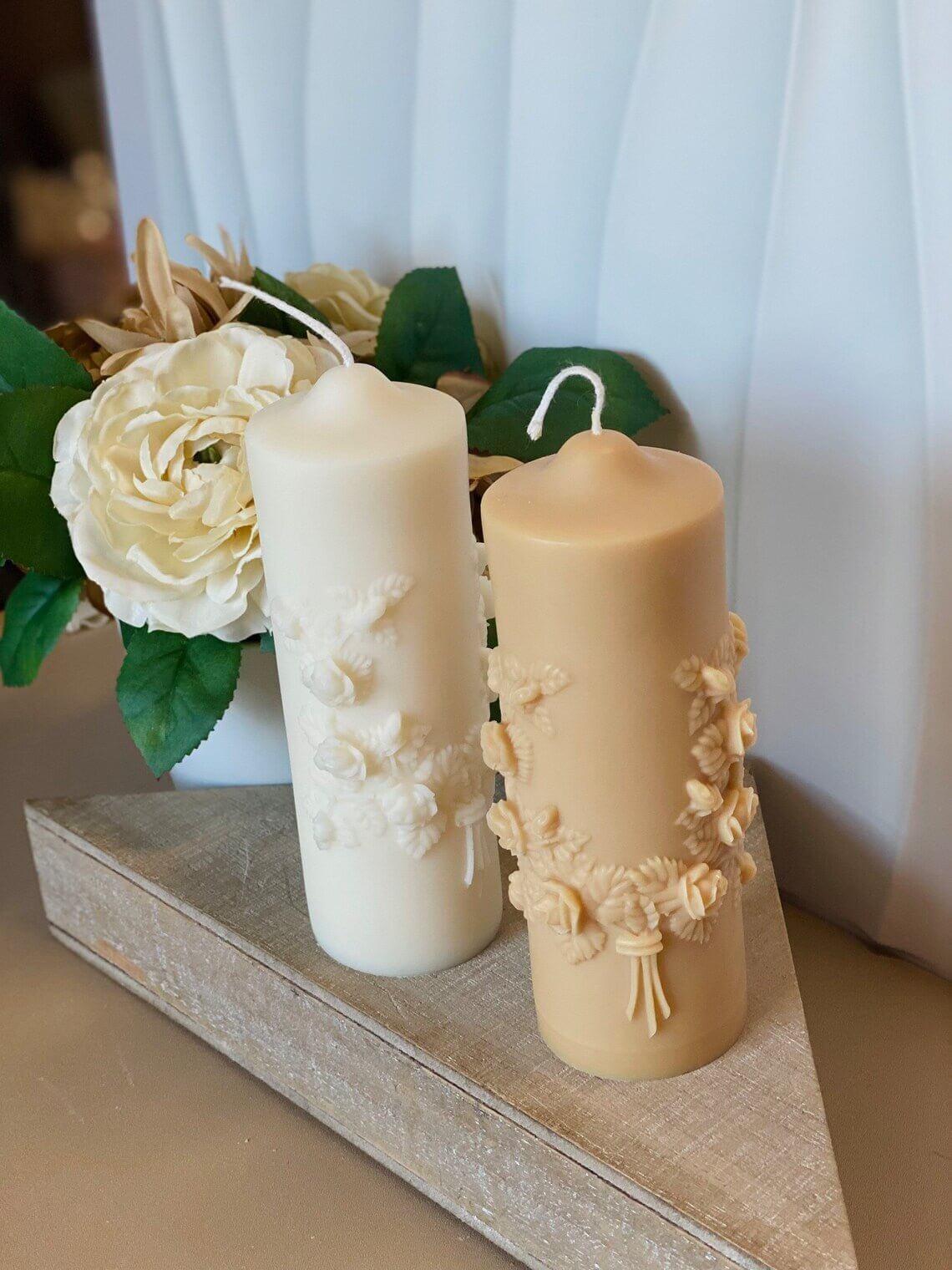 Floral Pillar Candle — Sculptural Soy Wax, Botanical Design, Handmade in USA