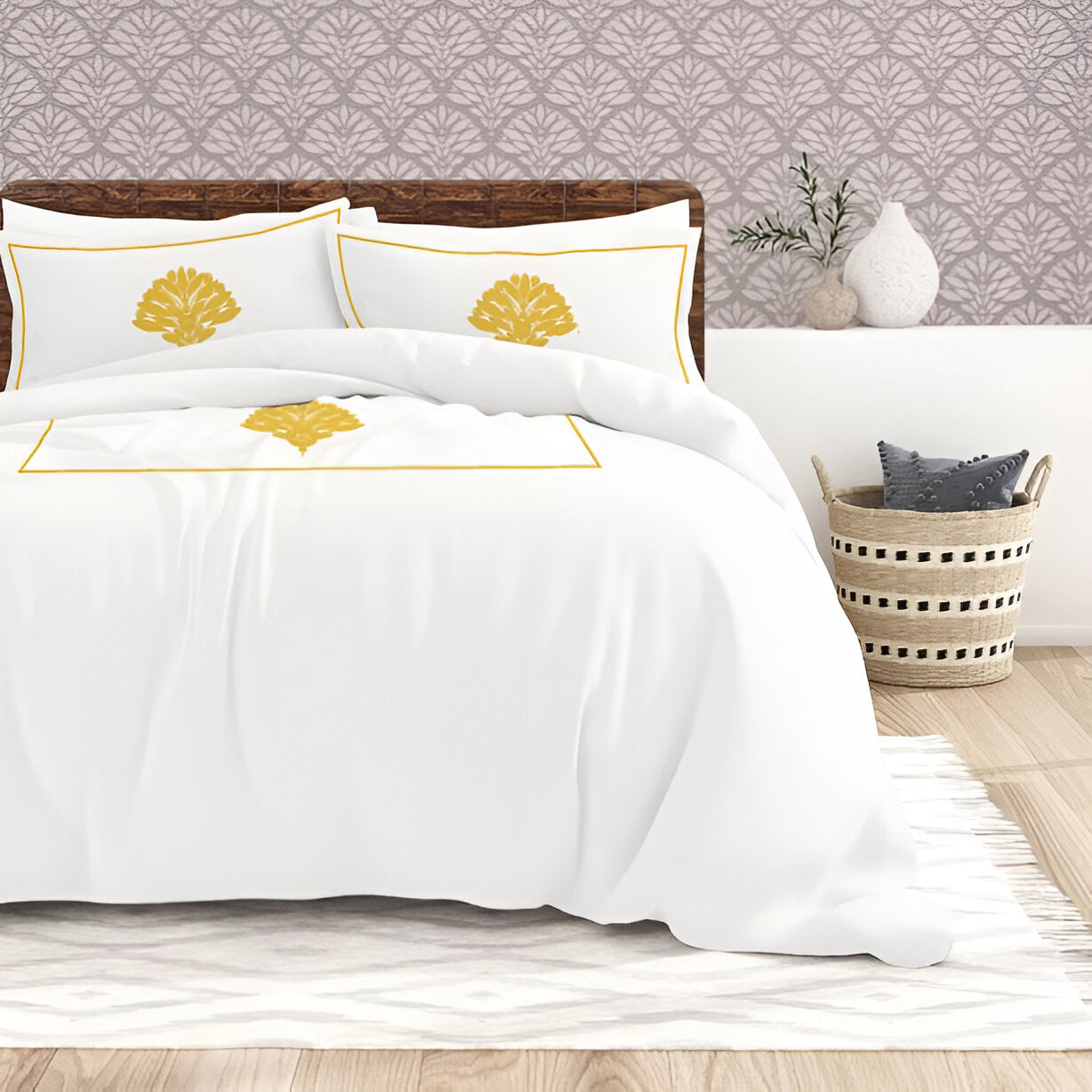 Leafy Embroidered Cotton Sateen Duvet Cover Set
