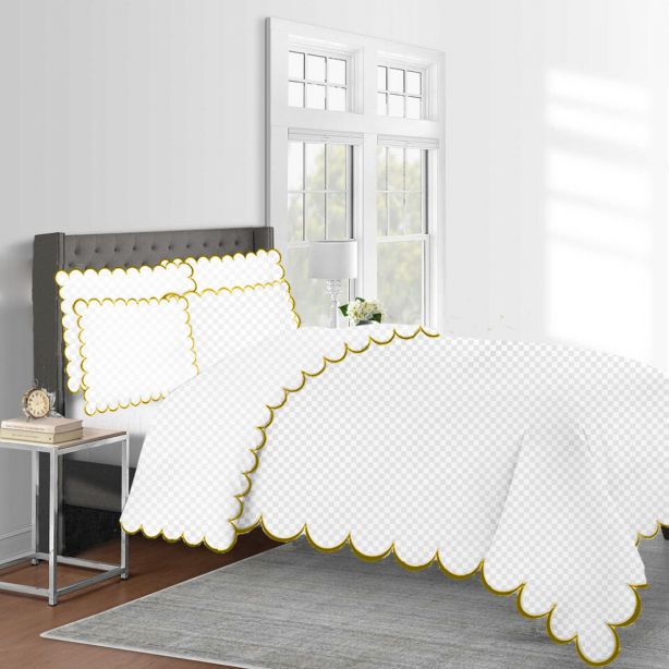 Allena 400TC Cotton Scallop Embroidery Sateen Microcheck Duvet Cover Set