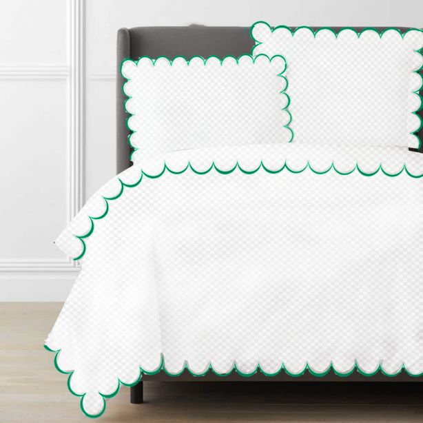 Allena 400TC Cotton Scallop Embroidery Sateen Microcheck Duvet Cover Set