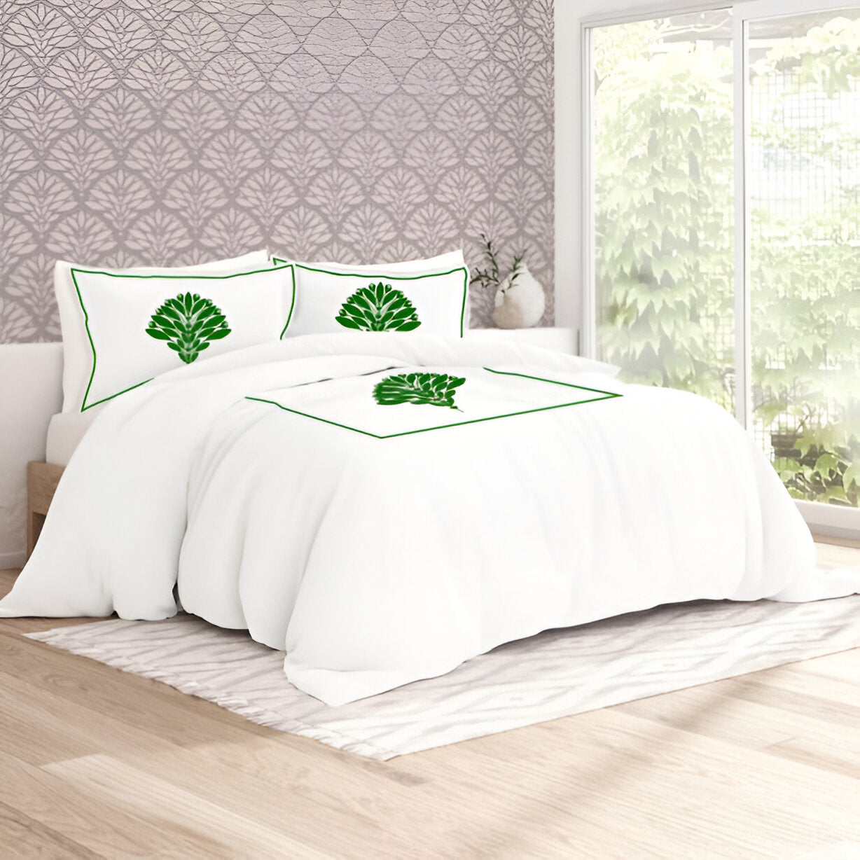 Leafy Embroidered Cotton Sateen Duvet Cover Set