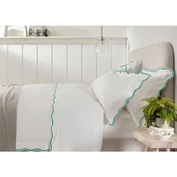 400TC Cotton Scallop Embroidery Sateen Microcheck Duvet Cover Set