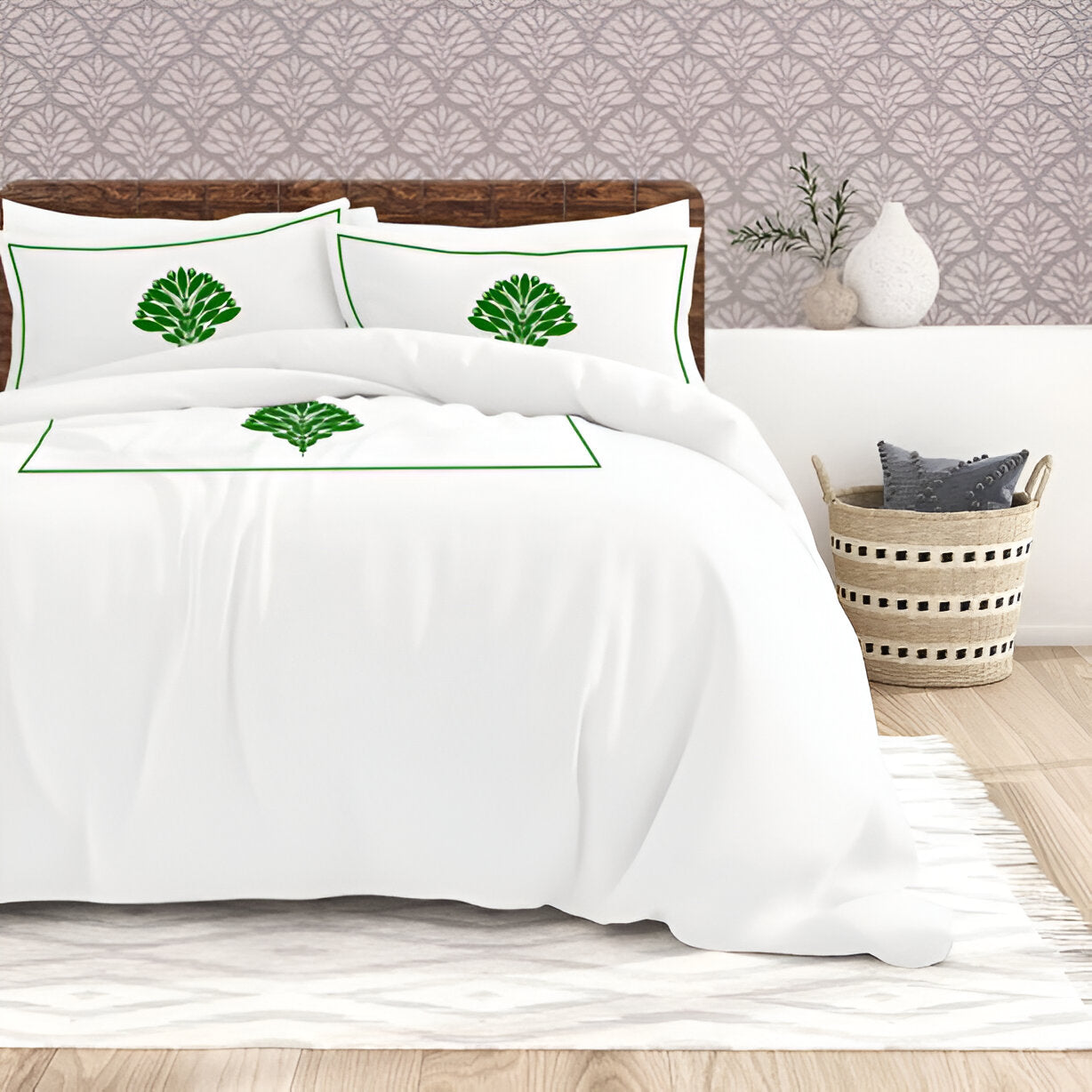 Leafy Embroidered Cotton Sateen Duvet Cover Set