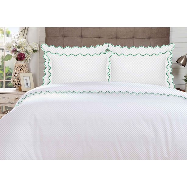 400TC Cotton Scallop Embroidery Sateen Microcheck Duvet Cover Set