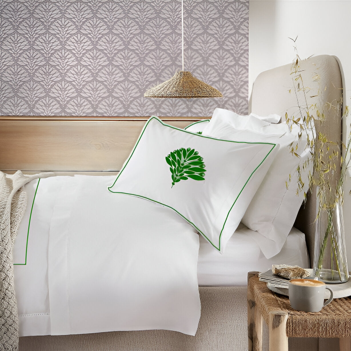 Leafy Embroidered Cotton Sateen Duvet Cover Set