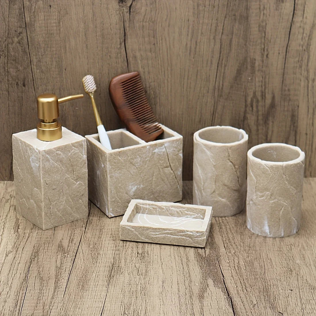 High-End Resin Bathroom Set with Empty Bottles for Hand Soap, Shampoo, and Various Lotions - Includes Toothbrush Holder, Mouthwash Cup, Soap Dish - Practical and Stylish Design, a Great Bathroom Kit, Bathroom Storage Cabinet,