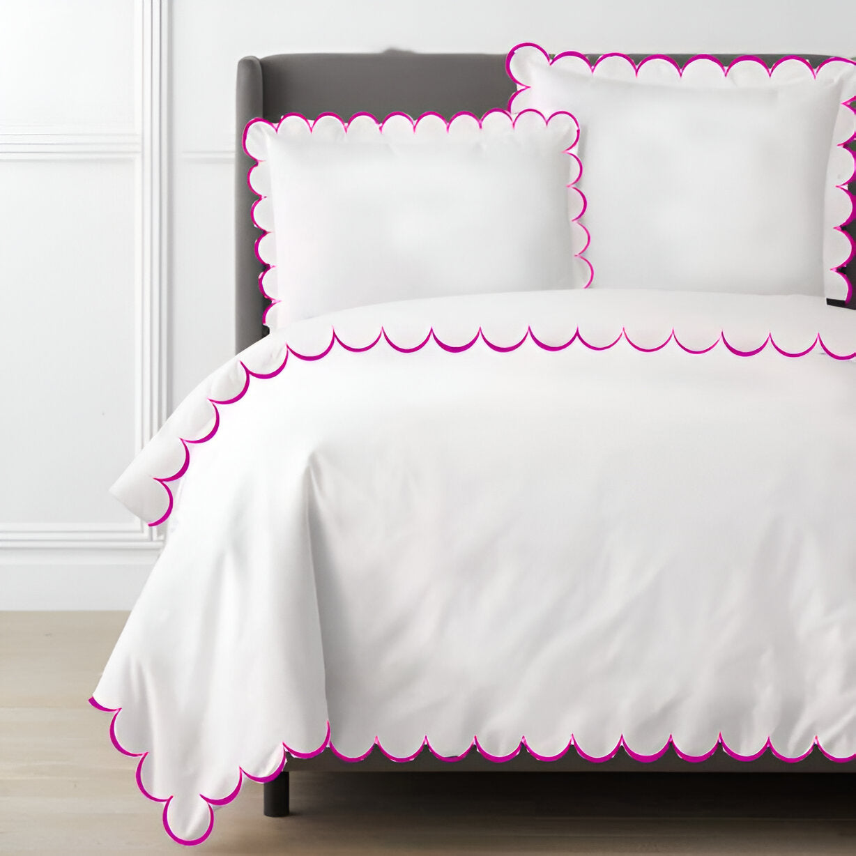 Allena 400TC Cotton Scallop Embroidery Sateen Solid Duvet Cover Set