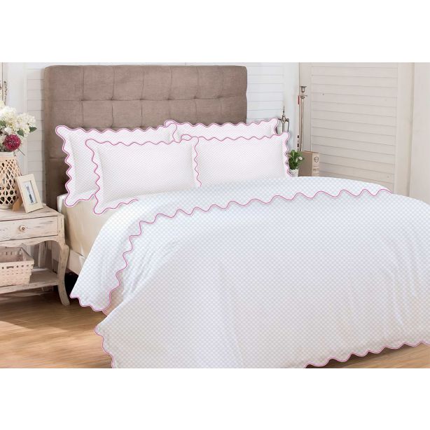 400TC Cotton Scallop Embroidery Sateen Microcheck Duvet Cover Set