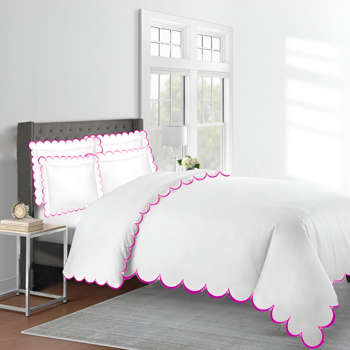 Allena 400TC Cotton Scallop Embroidery Sateen Solid Duvet Cover Set