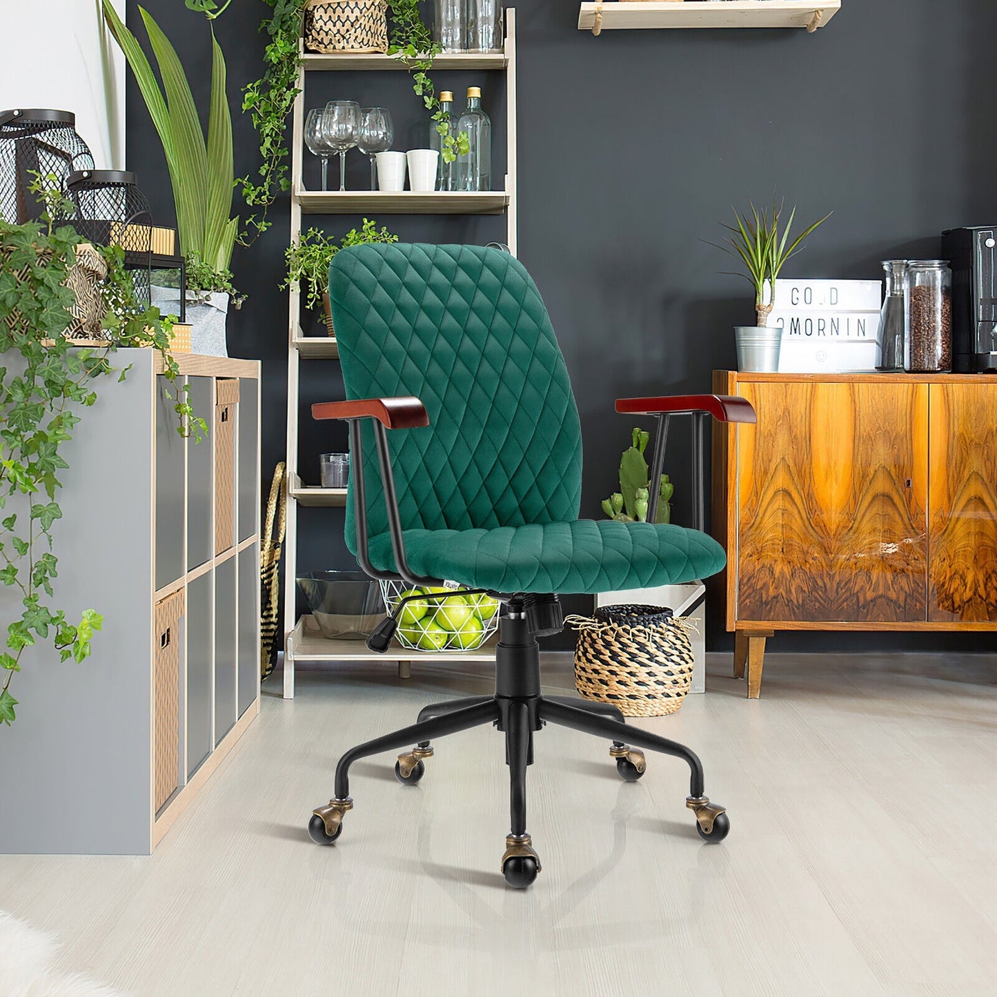 Velvet Office Chair with Wooden Armrests - Adjustable Height