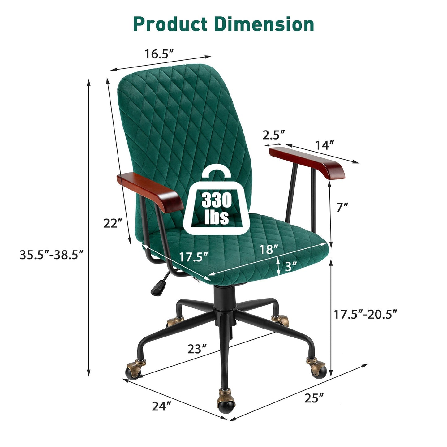 Velvet Office Chair with Wooden Armrests - Adjustable Height