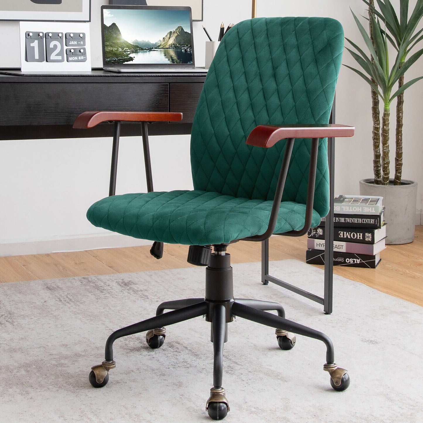 Velvet Office Chair with Wooden Armrests - Adjustable Height