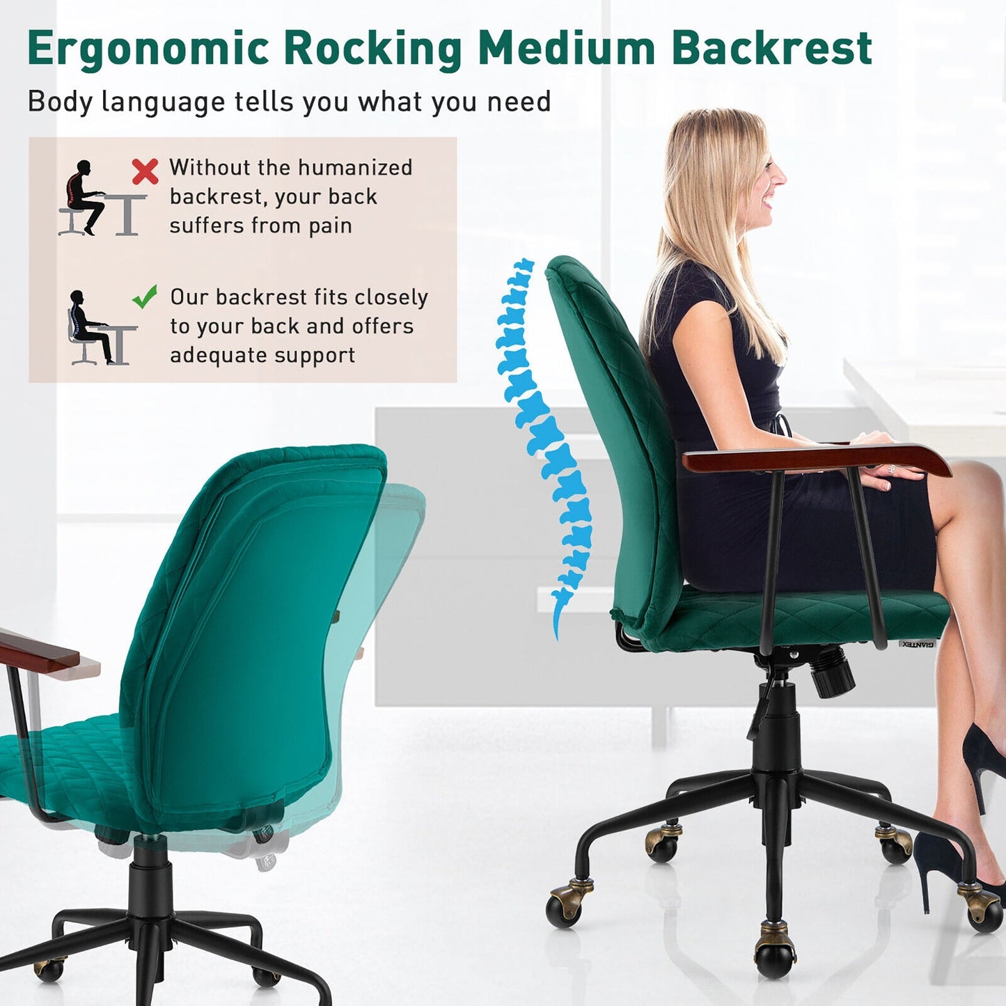 Velvet Office Chair with Wooden Armrests - Adjustable Height