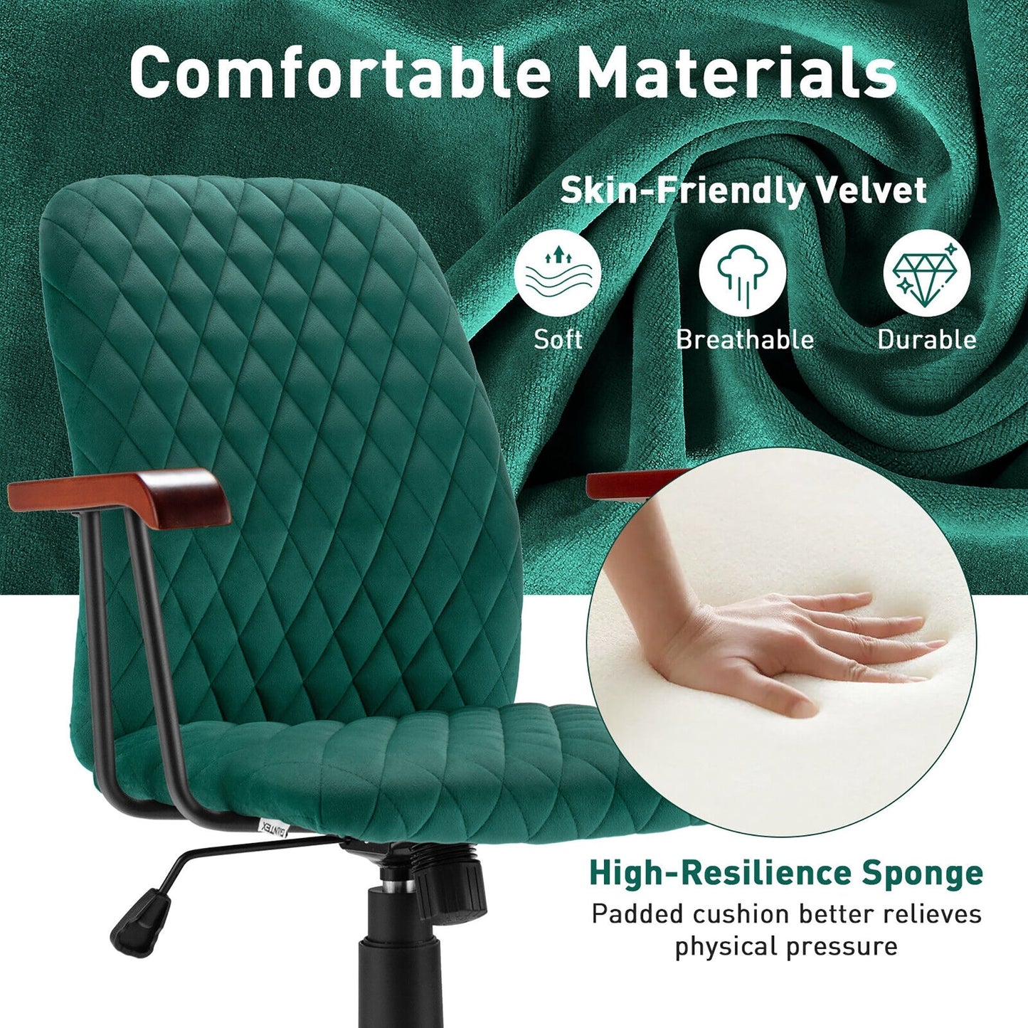Velvet Office Chair with Wooden Armrests - Adjustable Height