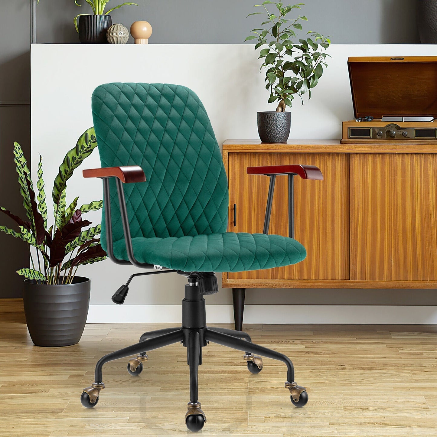 Velvet Office Chair with Wooden Armrests - Adjustable Height