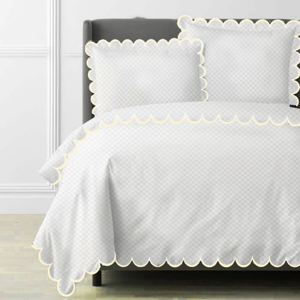 Allena 400TC Cotton Scallop Embroidery Sateen Microcheck Duvet Cover Set