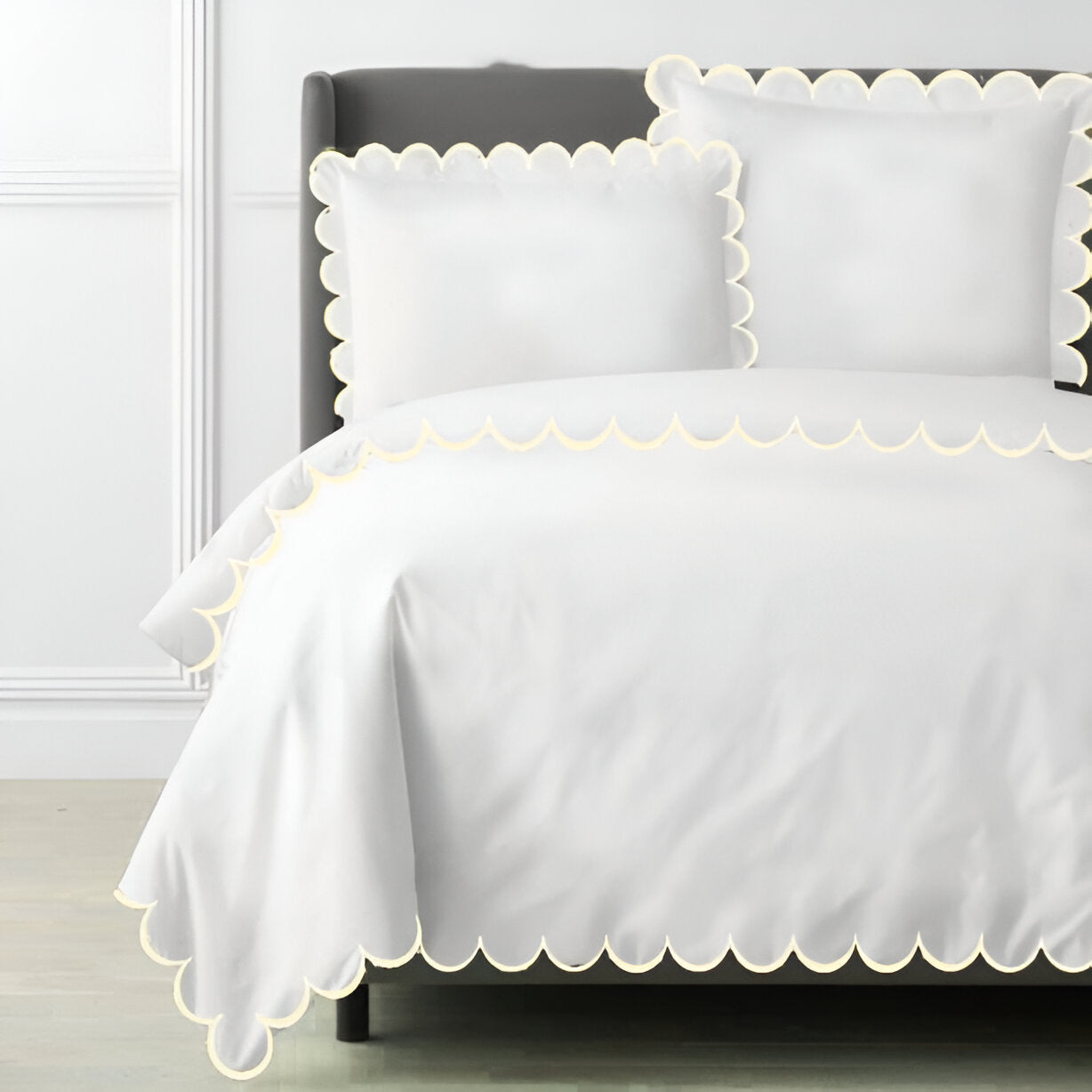 Allena 400TC Cotton Scallop Embroidery Sateen Solid Duvet Cover Set