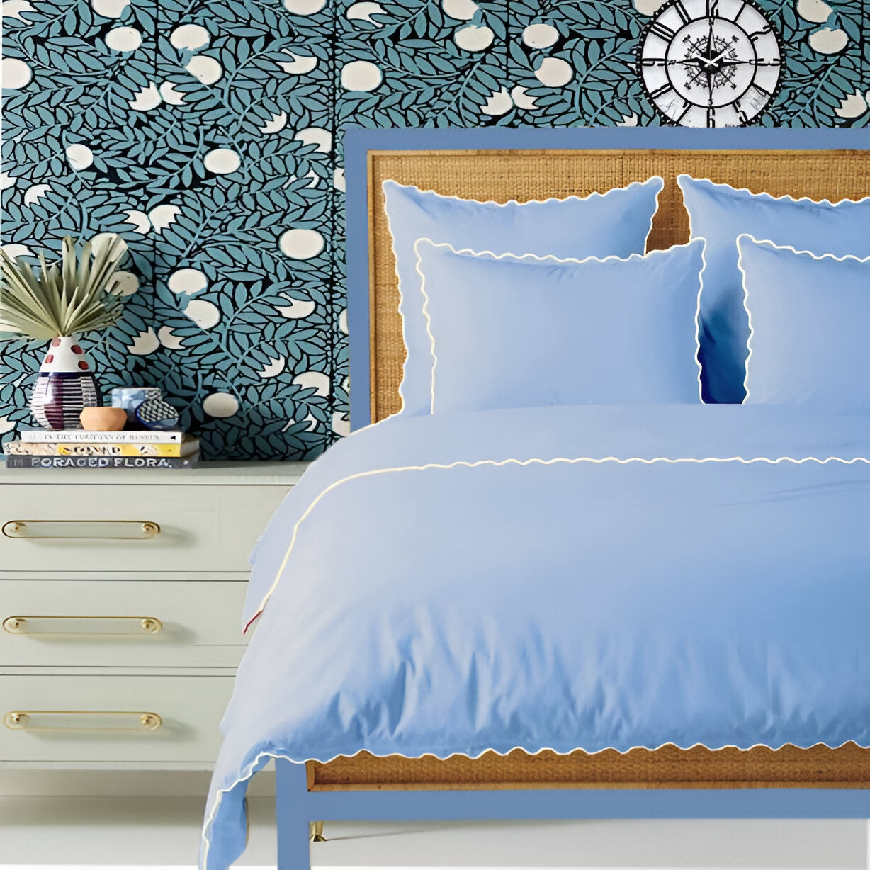 Light Blue 400TC Cotton Small Scallop Embroidery Duvet Cover Set