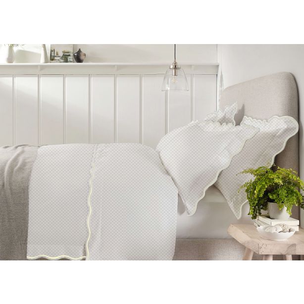 400TC Cotton Scallop Embroidery Sateen Microcheck Duvet Cover Set