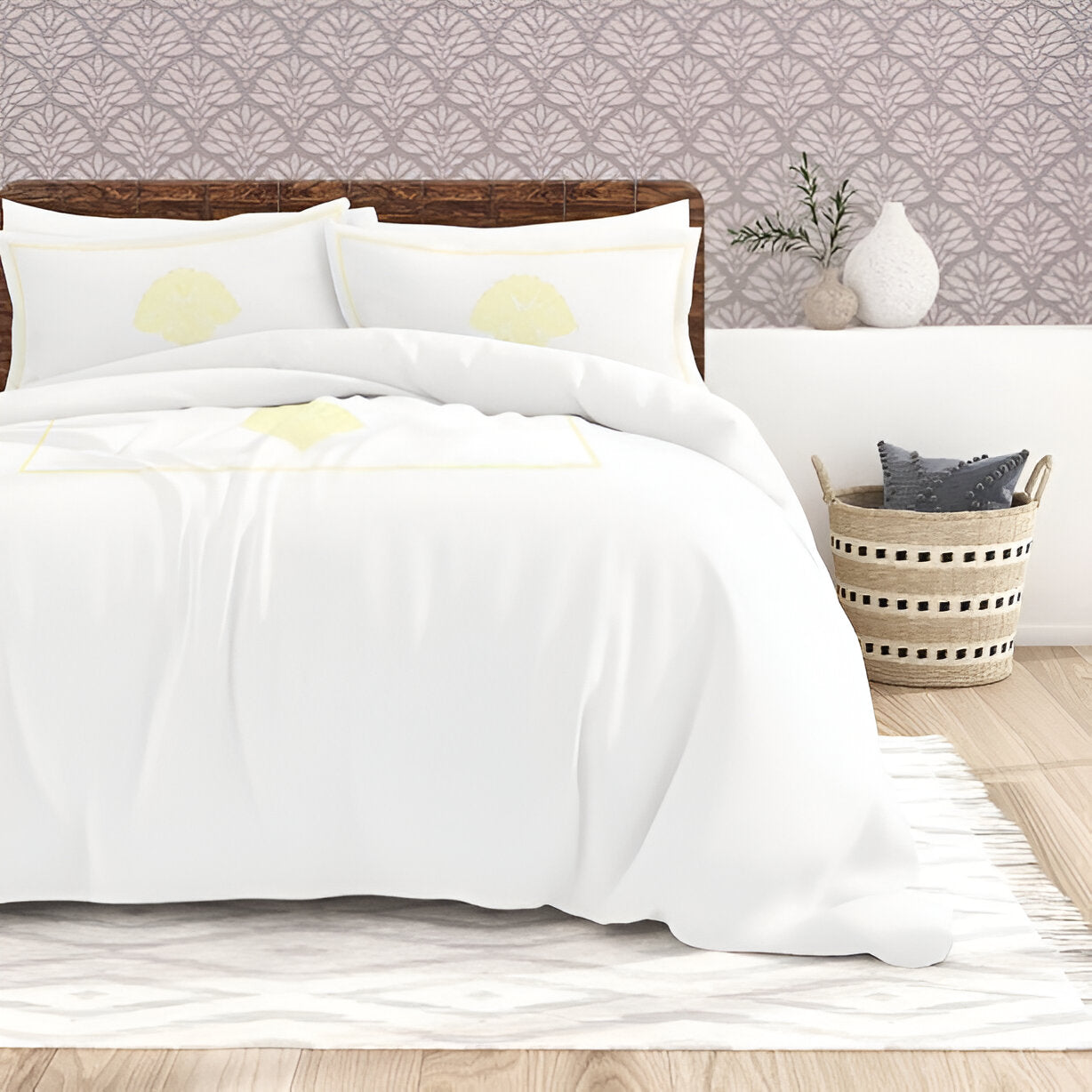 Leafy Embroidered Cotton Sateen Duvet Cover Set