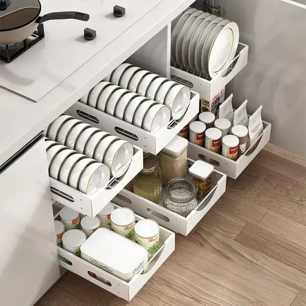 Adjustable White Kitchen Drawer Dividers for Plates and Cutlery