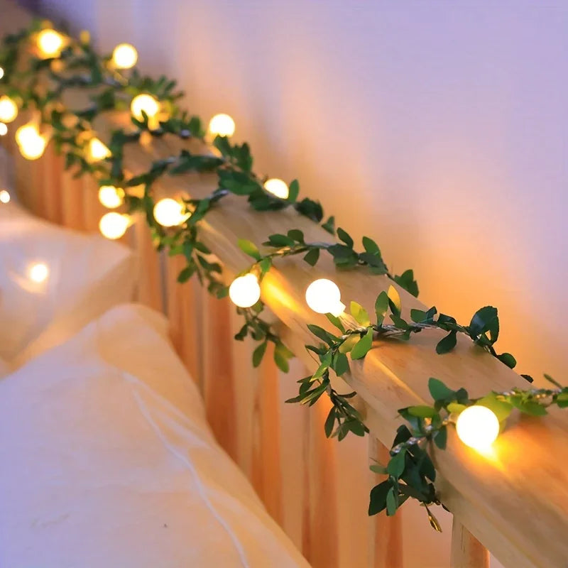 LED Fairy Lights, Round Ball String with Green Vine Garland