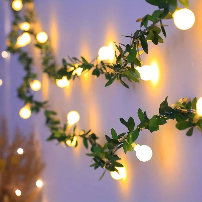 LED Fairy Lights, Round Ball String with Green Vine Garland