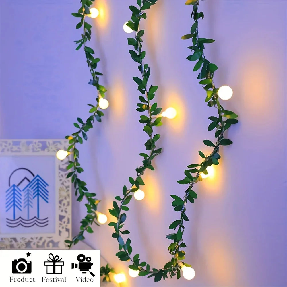 LED Fairy Lights, Round Ball String with Green Vine Garland