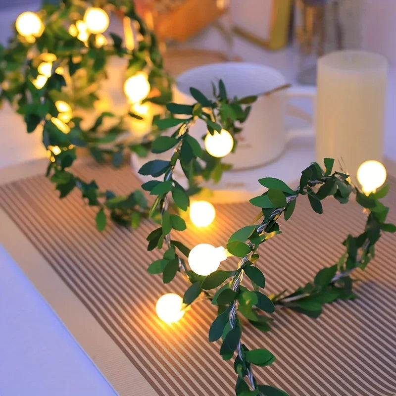 LED Fairy Lights, Round Ball String with Green Vine Garland