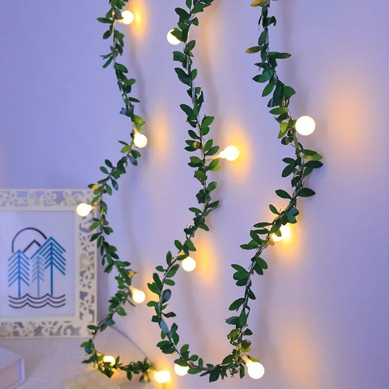 LED Fairy Lights, Round Ball String with Green Vine Garland