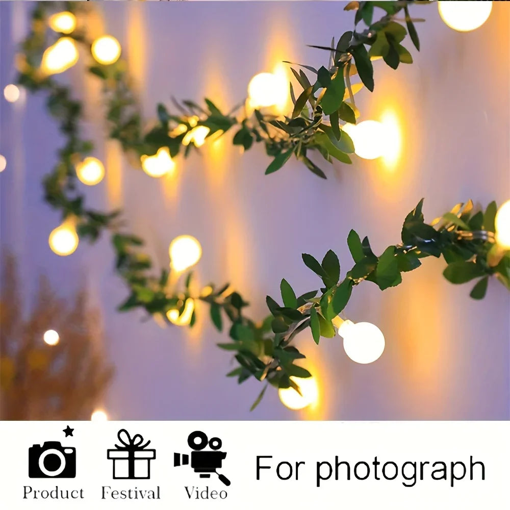 LED Fairy Lights, Round Ball String with Green Vine Garland