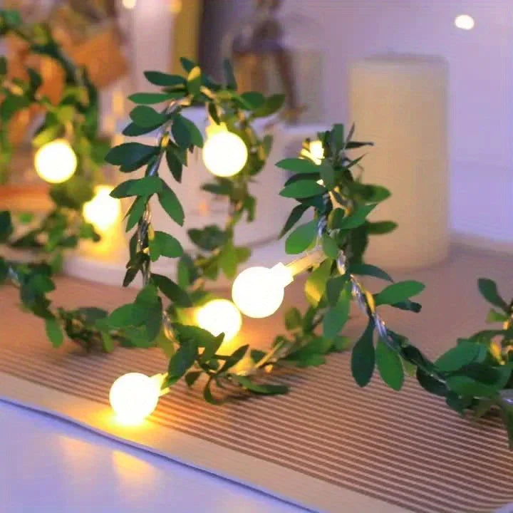 LED Fairy Lights, Round Ball String with Green Vine Garland
