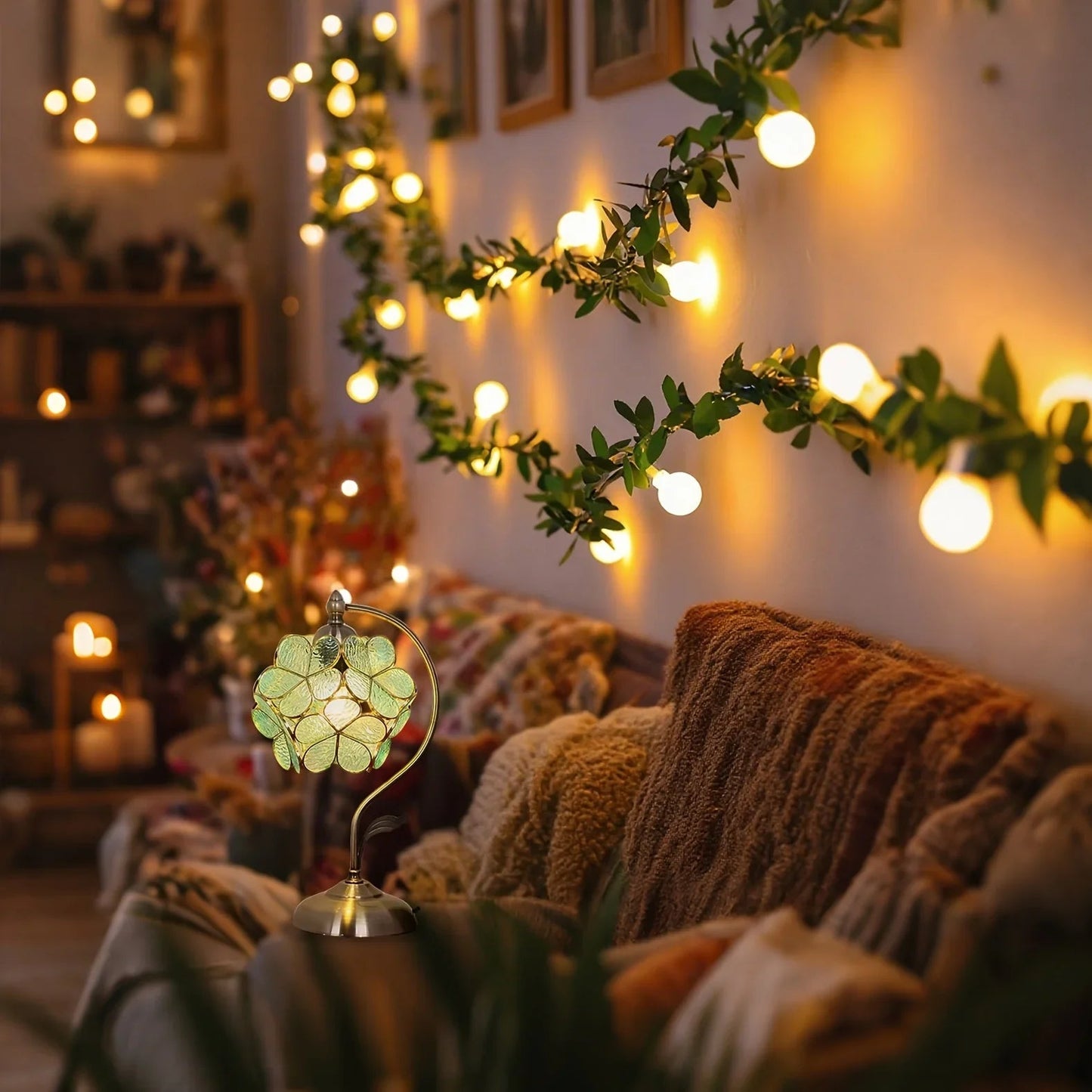 LED Fairy Lights, Round Ball String with Green Vine Garland
