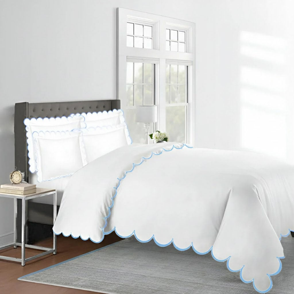 Allena 400TC Cotton Scallop Embroidery Sateen Solid Duvet Cover Set
